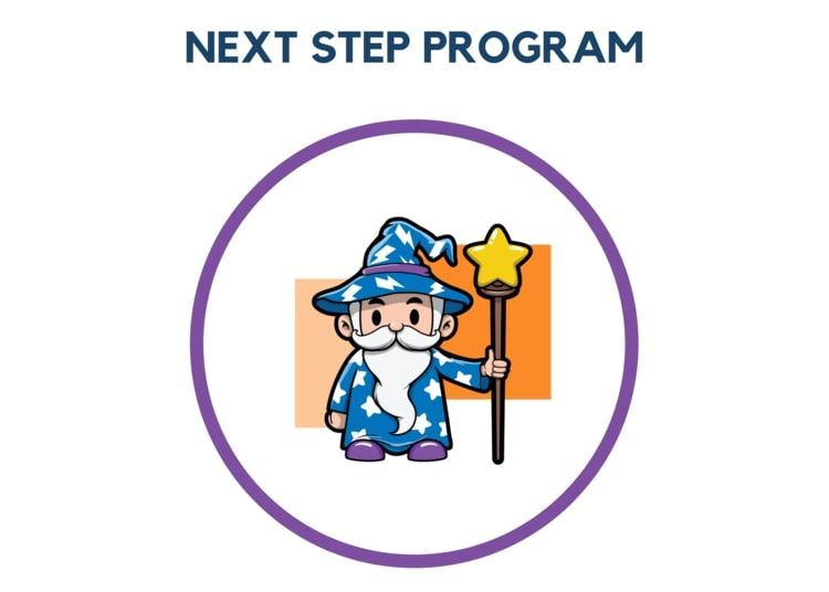 Next Step Program logo of a wizard with a long white beard holding a star-shaped wand inside a purple circle
